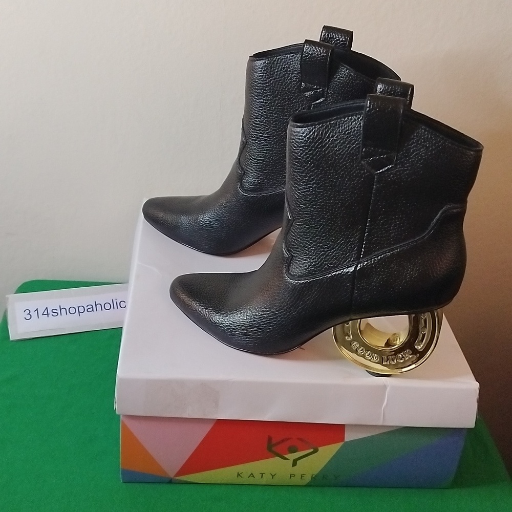 Womens Black Pointed Toe Ankle Boots With Round Gold Heel